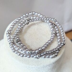 Soft Gray Faux Pearl Stretch Bracelets Silver Rhinestone Spacers 3 Stack Multi